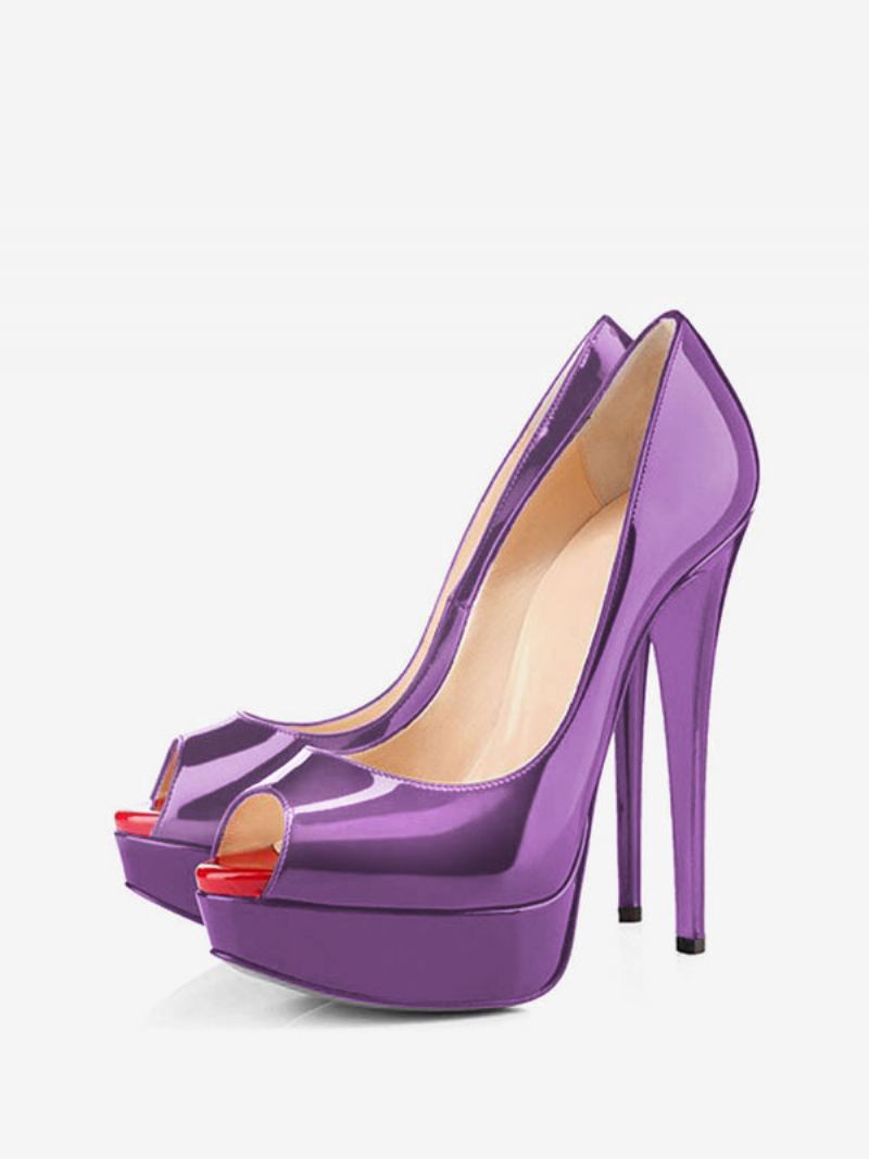 Mulheres Preto Peep Toe Saltos Plataforma Salto Agulha Bombas Sapatos Sexy - Roxo Profundo