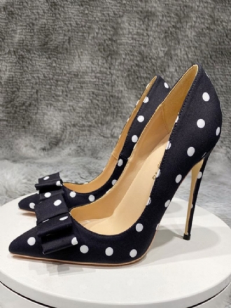 Mulheres Salto Alto Preto Apontou Toe Arco Polka Dot Bombas Vintage