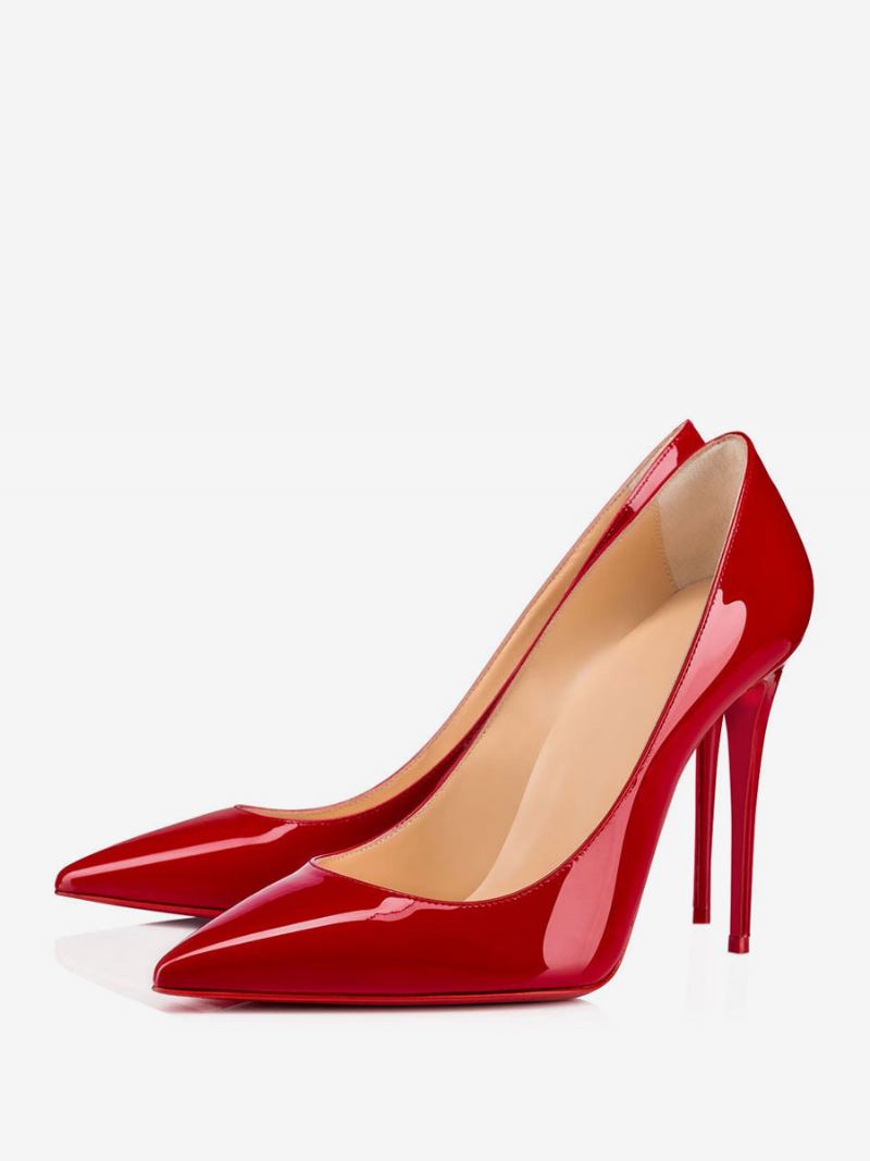 Mulheres Salto Alto Preto Bico Fino Agulha Sapatos Sociais - Vermelho