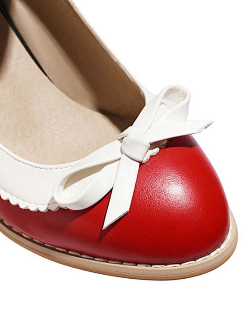 Mulheres Salto Médio Baixo Vermelho Dedo Do Pé Redondo Couro Pu Com Cadarço Grosso Elegante Bombas Sapatos Vintage - Vermelho