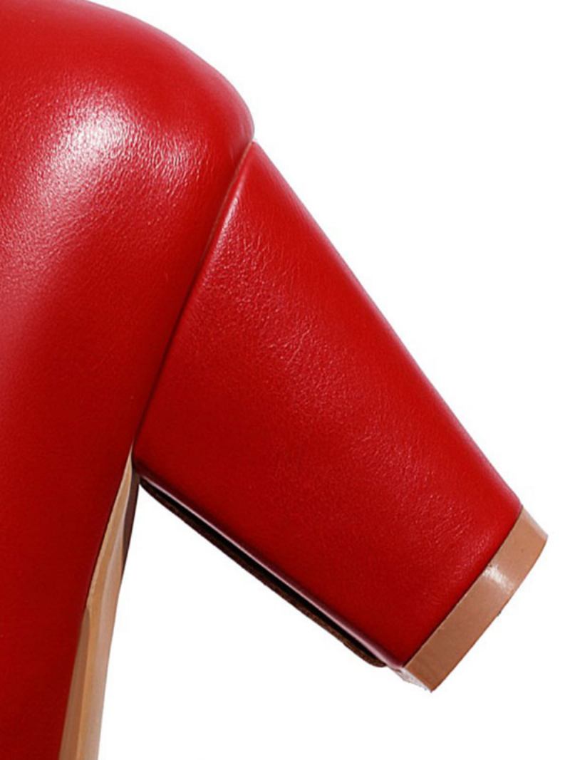 Mulheres Salto Médio Baixo Vermelho Dedo Do Pé Redondo Couro Pu Com Cadarço Grosso Elegante Bombas Sapatos Vintage - Vermelho