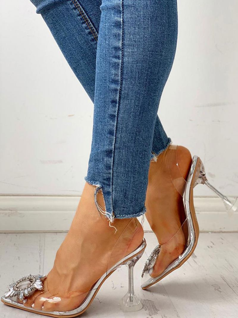 Mulheres Slingbacks Saltos Stiletto Sapatos Baile Dedo Apontado Transparente