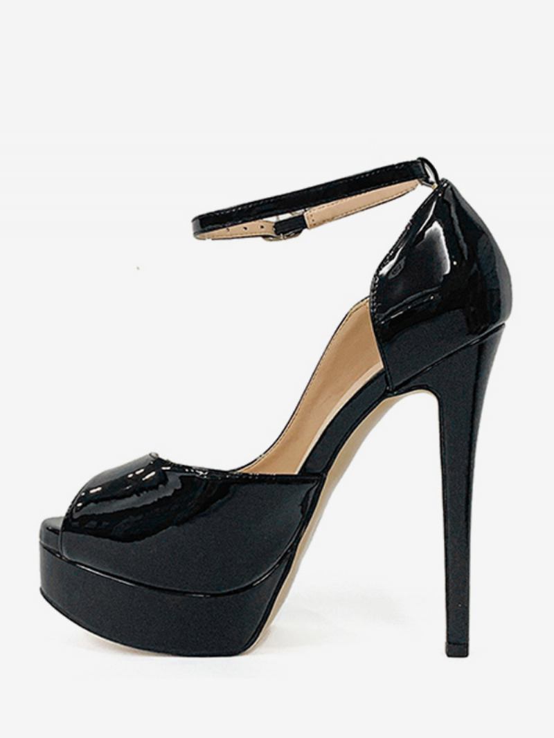 Plataformas Femininas Salto Alto Peep Toe Bombas Com Tira No Tornozelo - Preto