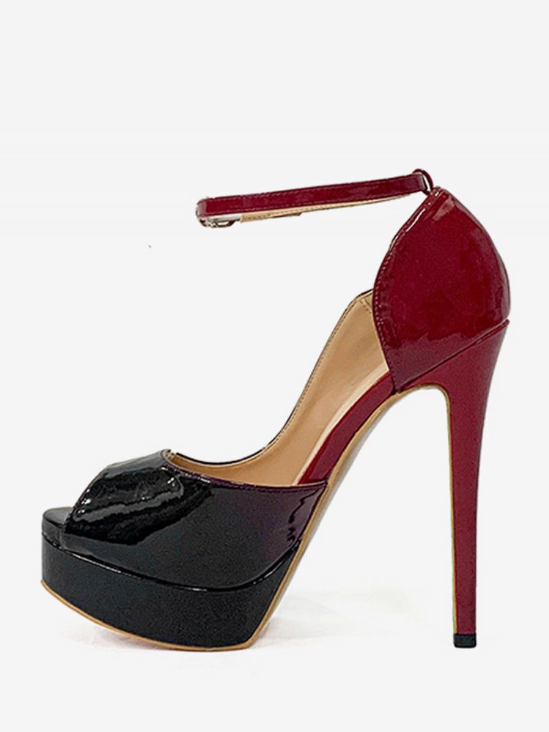 Plataformas Femininas Salto Alto Peep Toe Bombas Com Tira No Tornozelo - Preto+Vermelho