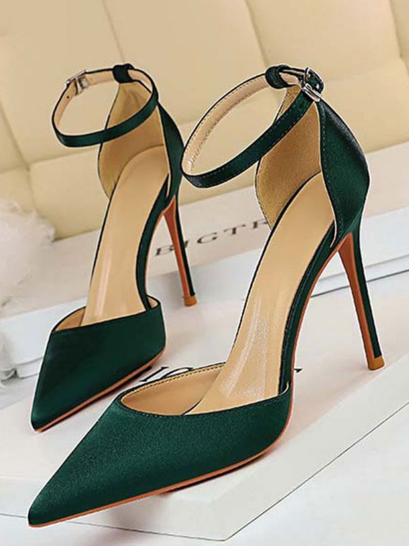 Salto Alto Feminino Com Tira No Tornozelo Bico Fino Stiletto Sapatos Noite - Verde