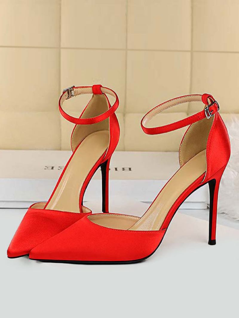 Salto Alto Feminino Com Tira No Tornozelo Bico Fino Stiletto Sapatos Noite - Vermelho