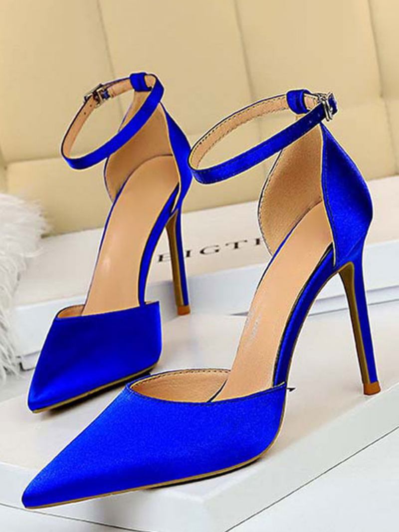 Salto Alto Feminino Com Tira No Tornozelo Bico Fino Stiletto Sapatos Noite - Azul