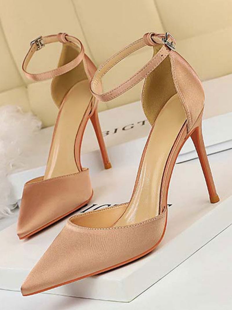 Salto Alto Feminino Com Tira No Tornozelo Bico Fino Stiletto Sapatos Noite - Rosa