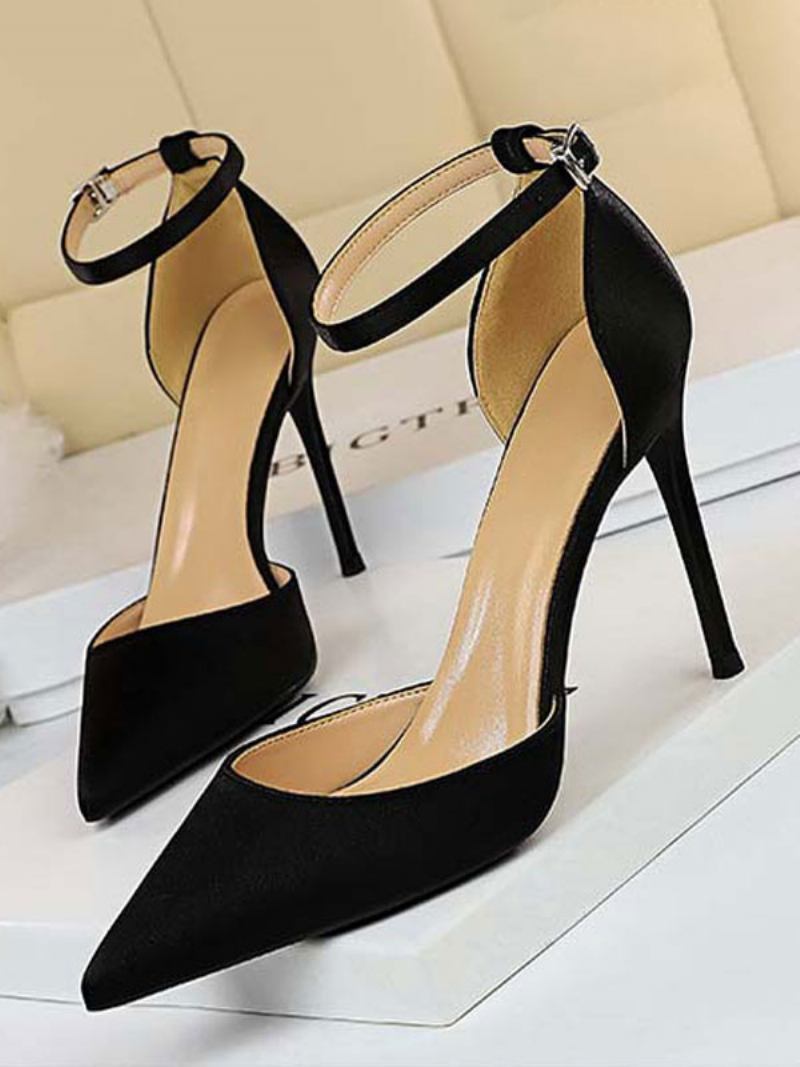 Salto Alto Feminino Com Tira No Tornozelo Bico Fino Stiletto Sapatos Noite - Preto