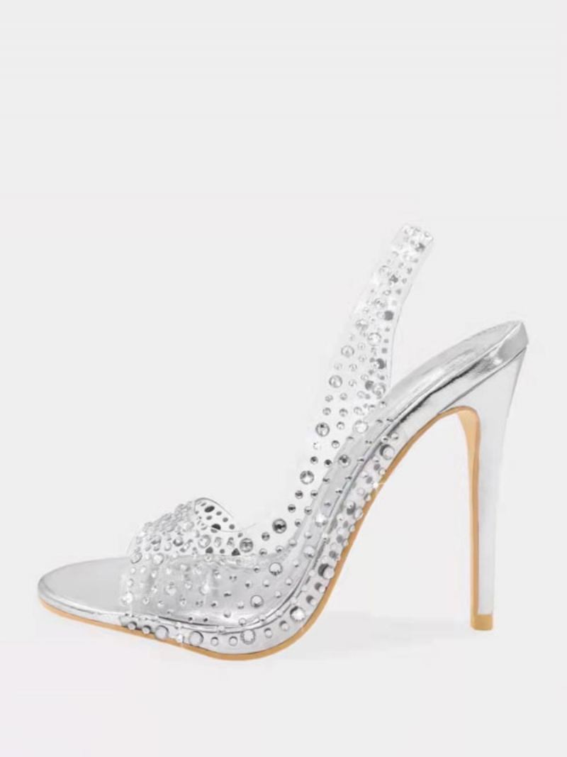 Salto Alto Feminino Strass Chique Bico Aberto Agulha Sapatos Baile - Prata