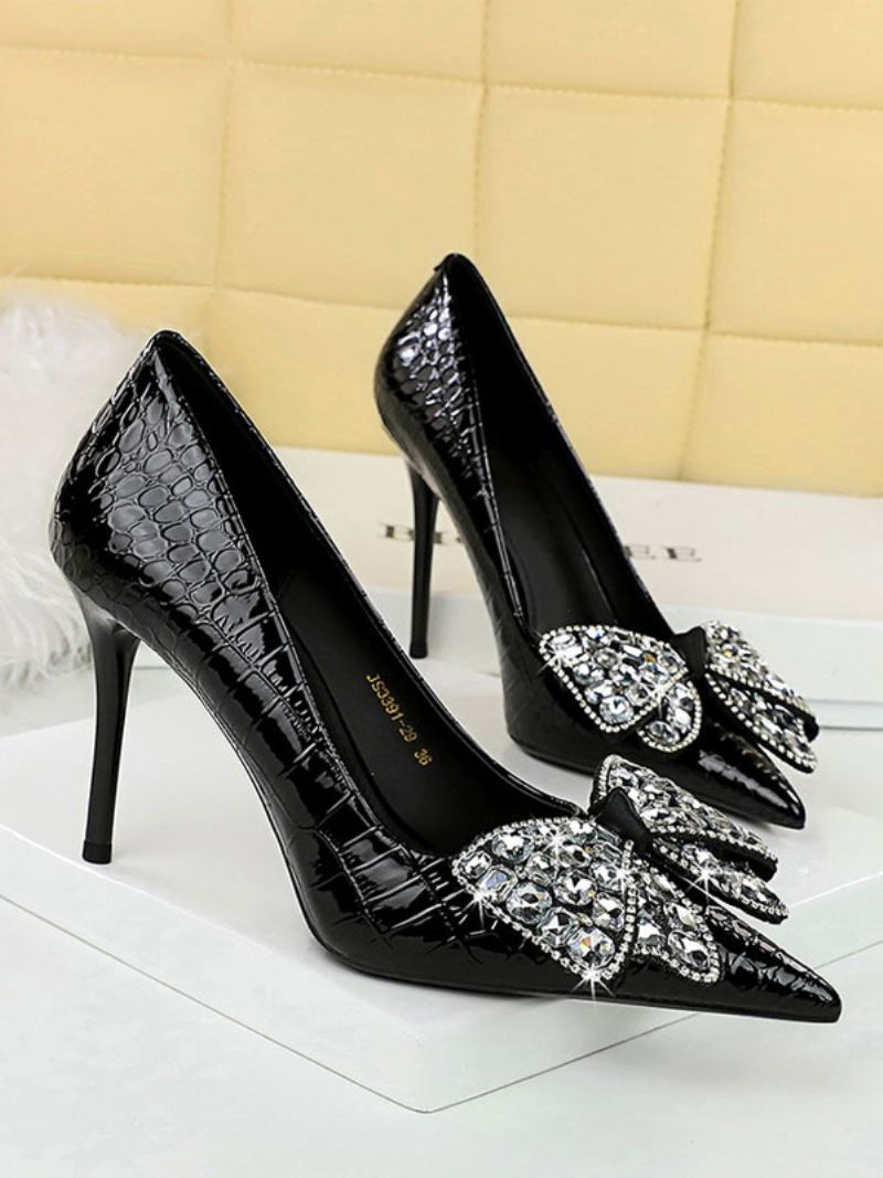 Salto Alto Feminino Strass Chique Bombas Bico Fino Agulha Couro Pu - Preto