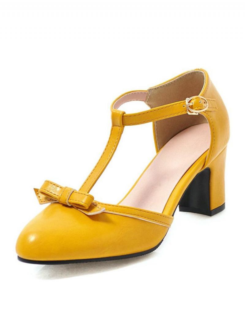 Salto Médio Feminino Retrô Grosso Tipo T Bandagem Estiloso Sapatos Vintage - Amarelo