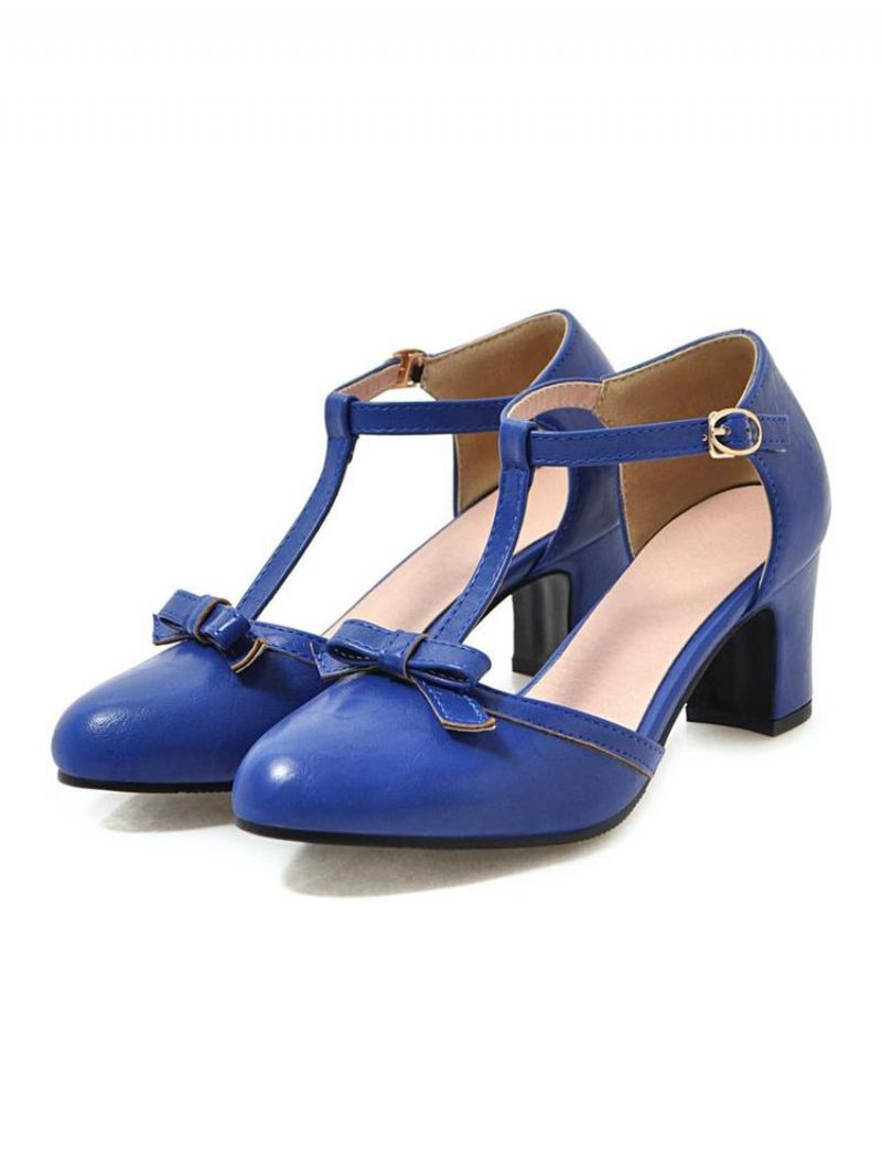 Salto Médio Feminino Retrô Grosso Tipo T Bandagem Estiloso Sapatos Vintage - Azul