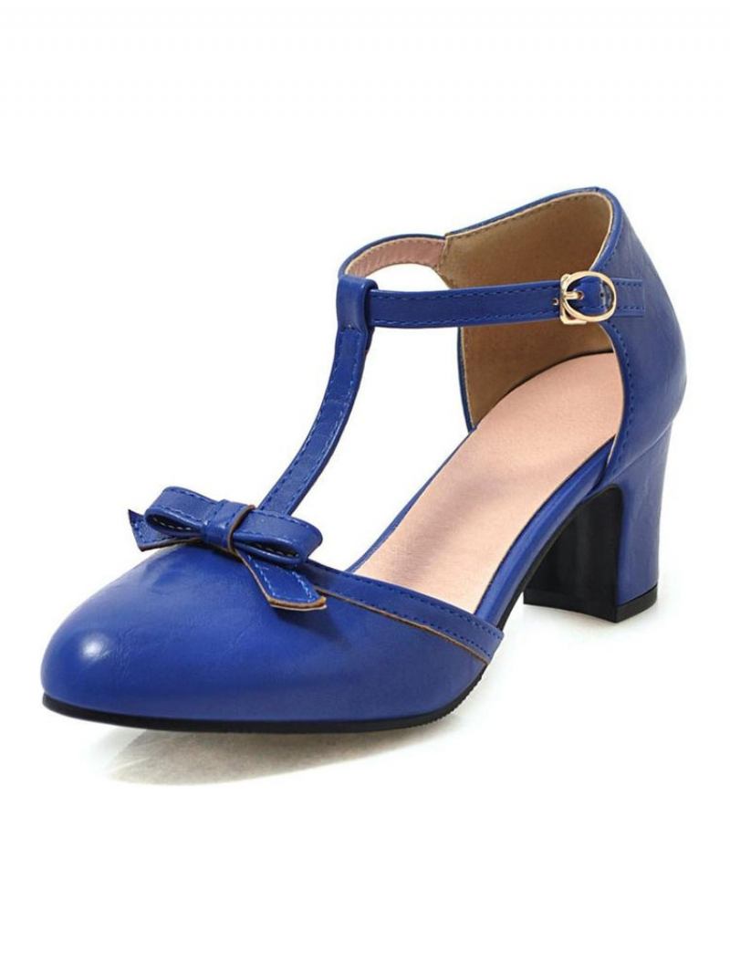 Salto Médio Feminino Retrô Grosso Tipo T Bandagem Estiloso Sapatos Vintage - Azul