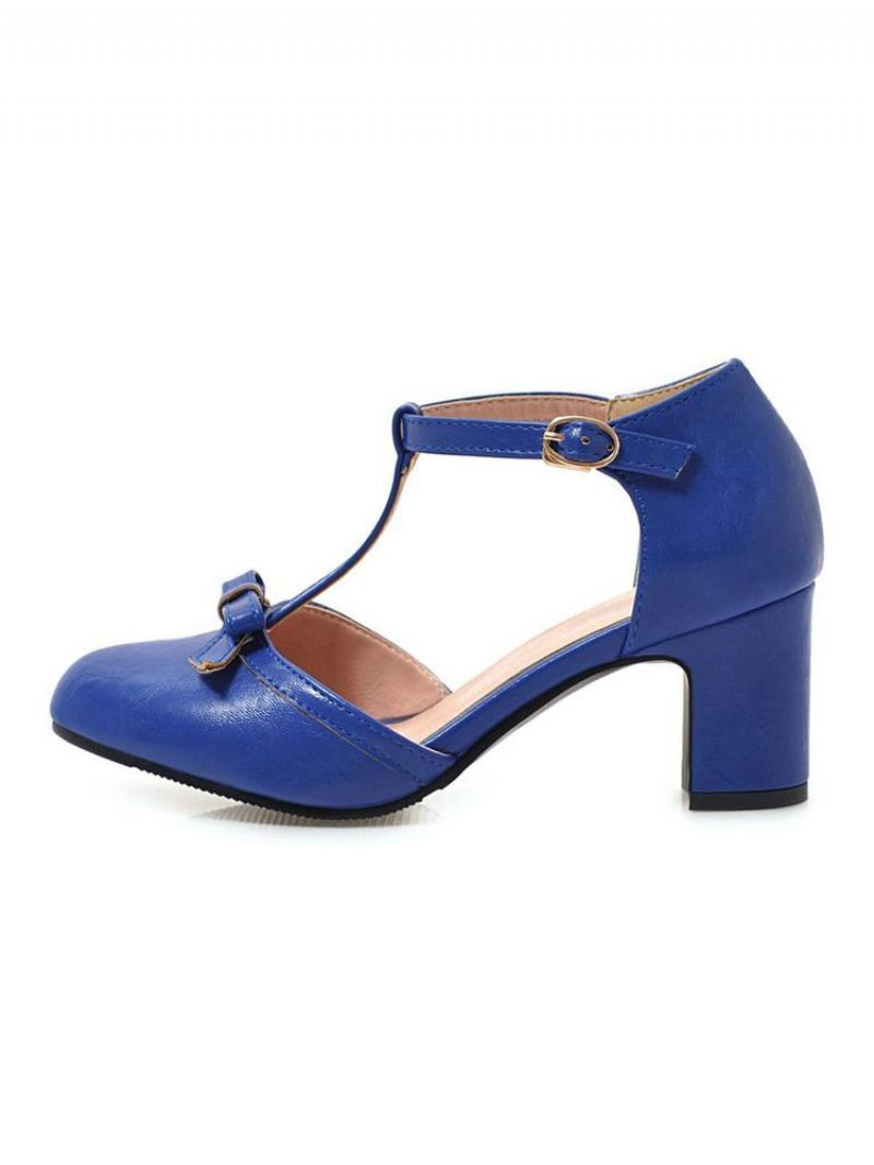 Salto Médio Feminino Retrô Grosso Tipo T Bandagem Estiloso Sapatos Vintage - Azul