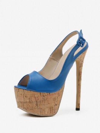 Sandálias Femininas Salto Agulha Couro Pu Peep Toe Azul Alto Bombas Estilingue