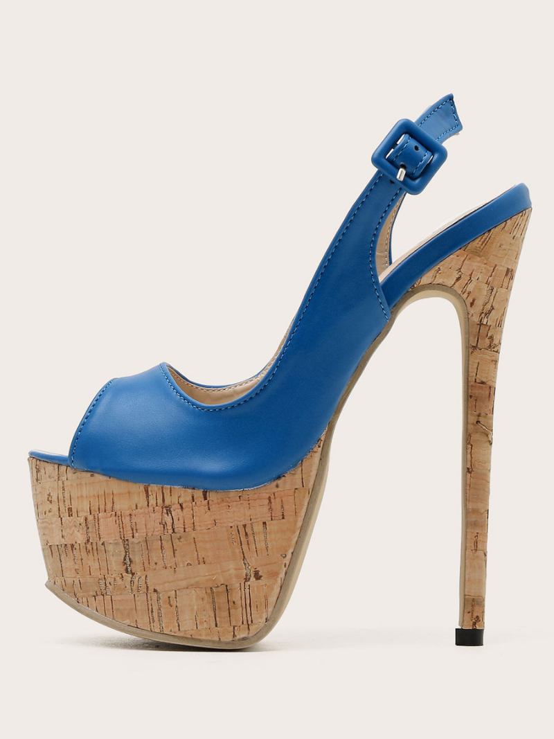 Sandálias Femininas Salto Agulha Couro Pu Peep Toe Azul Alto Bombas Estilingue - Azul