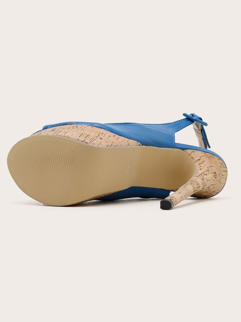 Sandálias Femininas Salto Agulha Couro Pu Peep Toe Azul Alto Bombas Estilingue - Azul