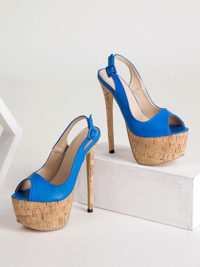 Sandálias Femininas Salto Agulha Couro Pu Peep Toe Azul Alto Bombas Estilingue - Azul