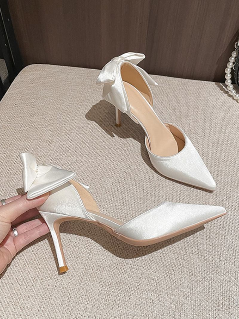 Sapatos Casamento Brancos Femininos Com Bico Fino E Detalhe Laço Bombas Salto Alto - Branco