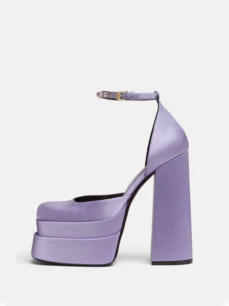 Sapatos Casamento Noiva Com Salto Plataforma Grosso Feminino E Tira Tornozelo Strass - Lavanda