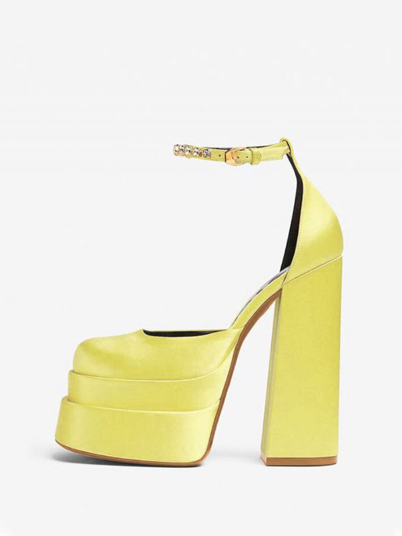 Sapatos Casamento Noiva Com Salto Plataforma Grosso Feminino E Tira Tornozelo Strass - Amarelo