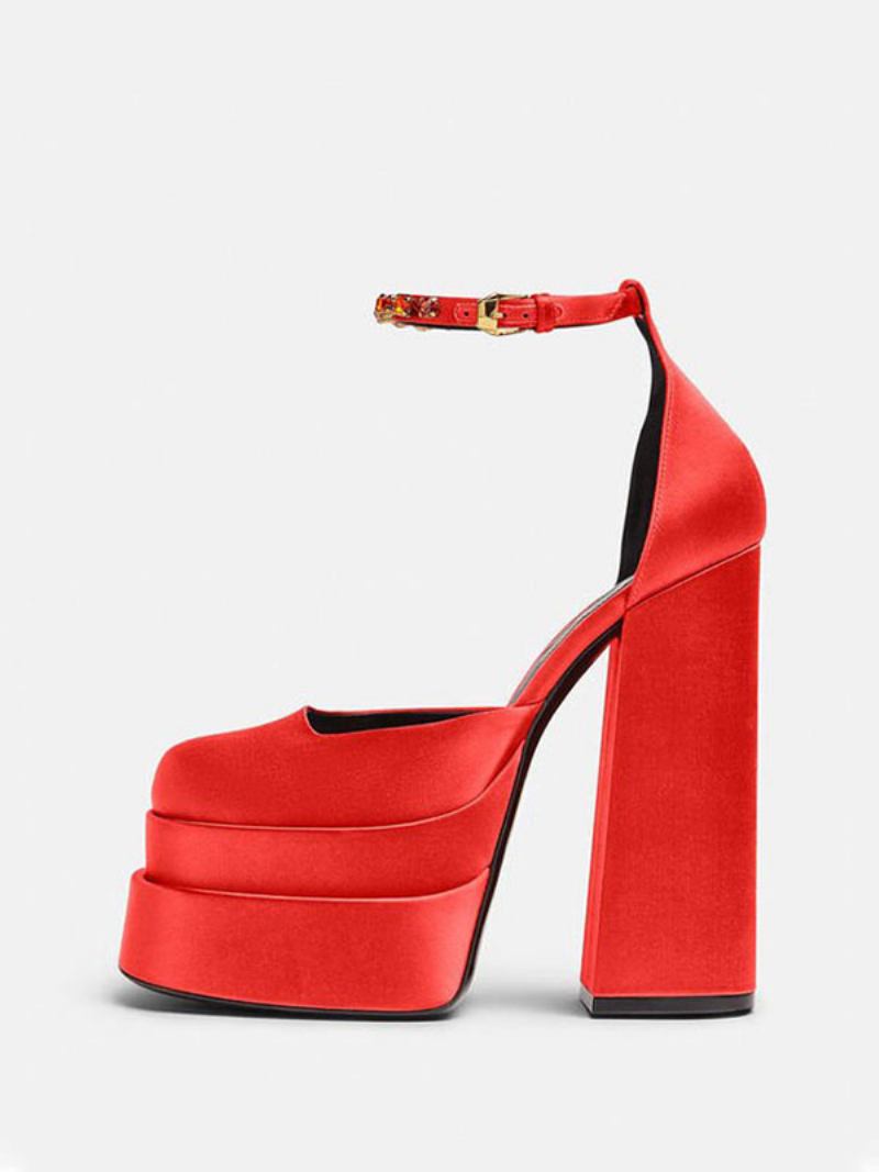 Sapatos Casamento Noiva Com Salto Plataforma Grosso Feminino E Tira Tornozelo Strass - Vermelho