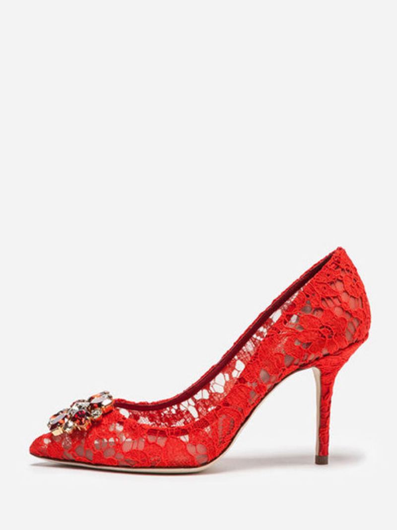 Sapatos Casamento Pretos Renda Feminina Com Salto Alto E Strass Pontiagudos - Vermelho