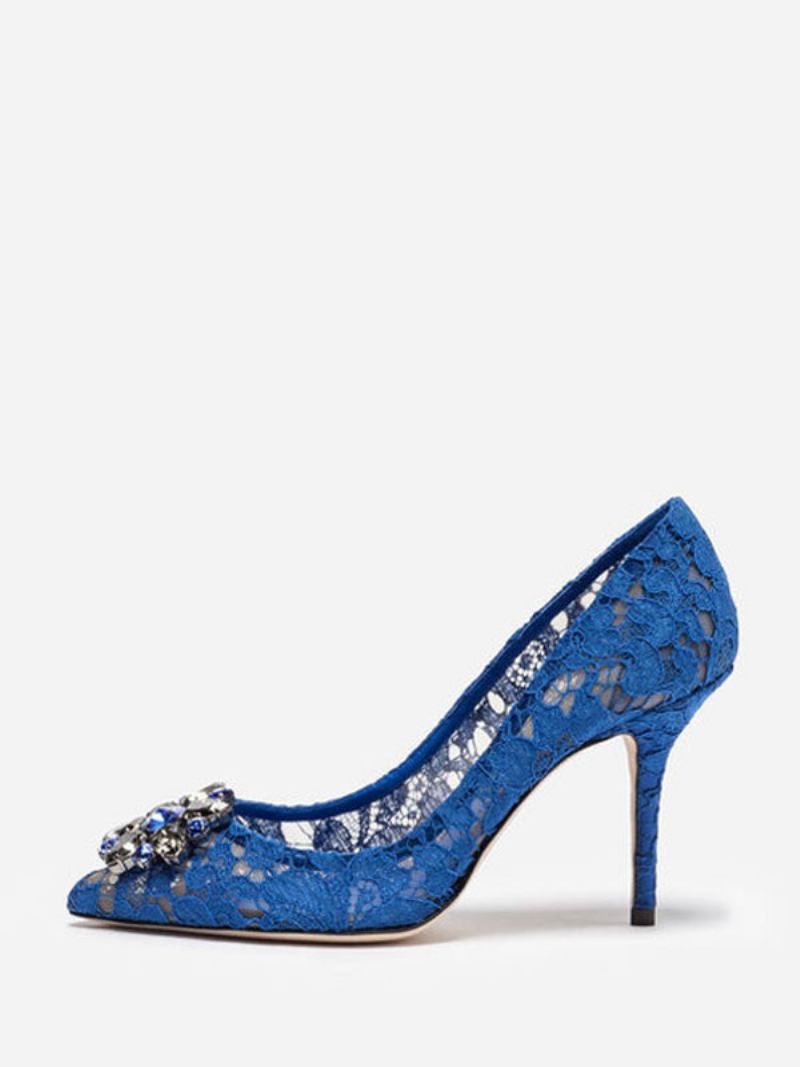 Sapatos Casamento Pretos Renda Feminina Com Salto Alto E Strass Pontiagudos - Azul