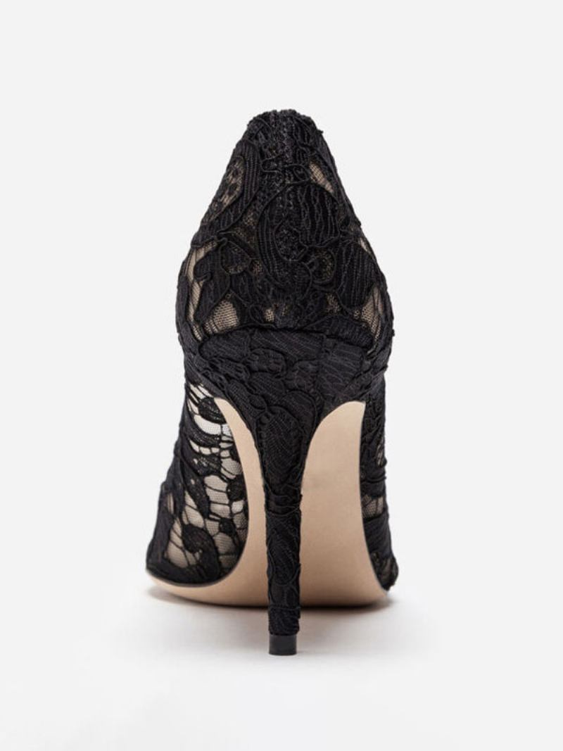 Sapatos Casamento Pretos Renda Feminina Com Salto Alto E Strass Pontiagudos - Preto