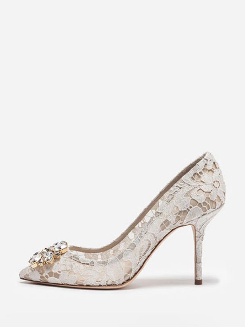 Sapatos Casamento Pretos Renda Feminina Com Salto Alto E Strass Pontiagudos - Branco