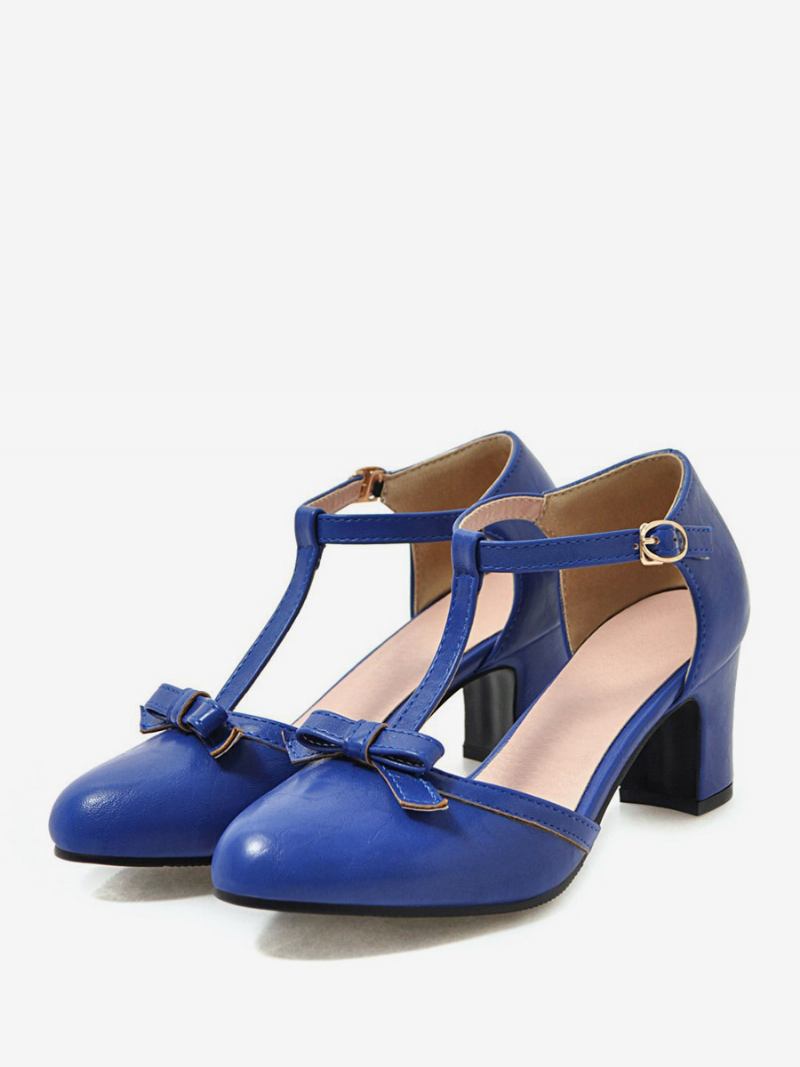 Sapatos Femininos Amarelos Vintage Com Bico Fino E Alça Em T Salto Grosso - Azul