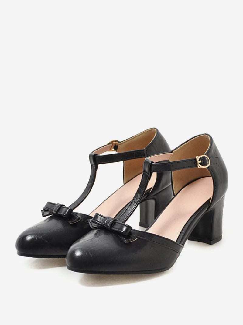 Sapatos Femininos Amarelos Vintage Com Bico Fino E Alça Em T Salto Grosso - Preto