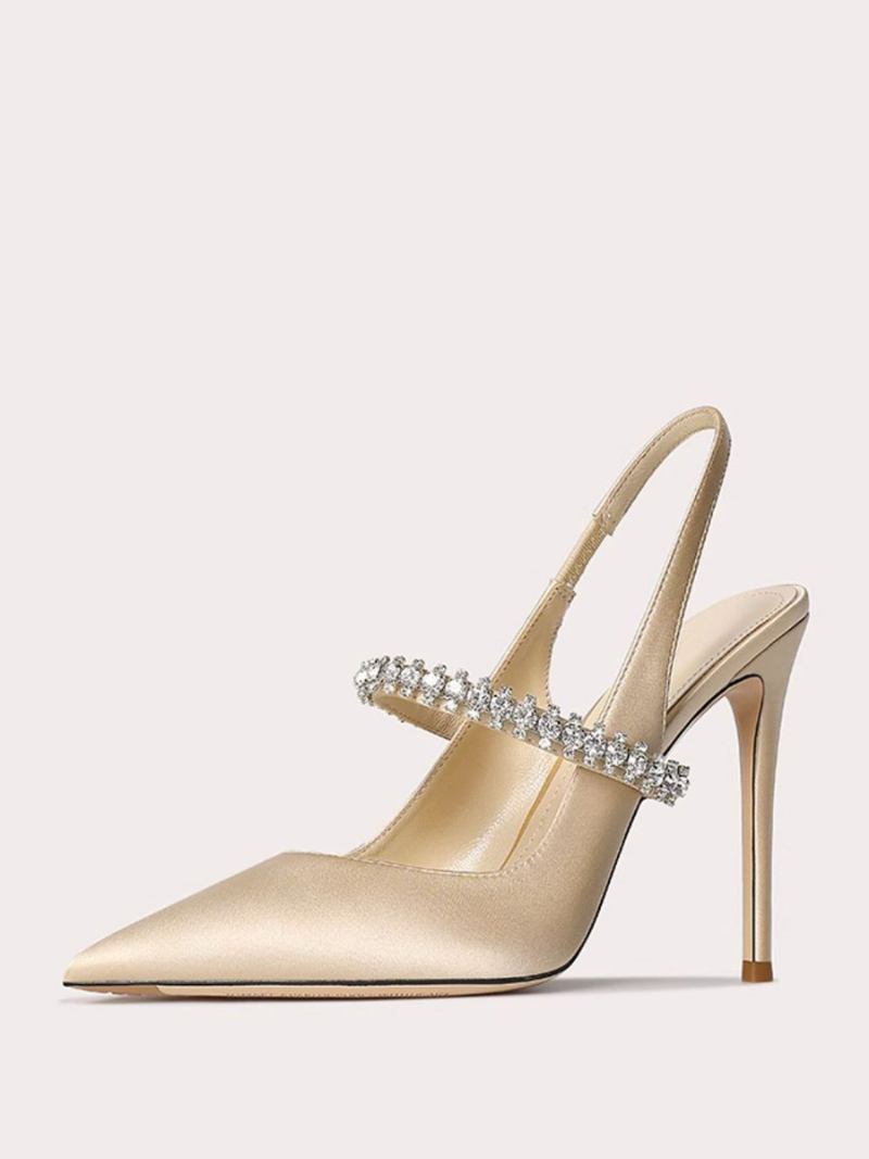 Sapatos Femininos Baile Cetim Com Strass Preto Bico Fino Salto Agulha Bombas Estilingue - Amarelo Claro