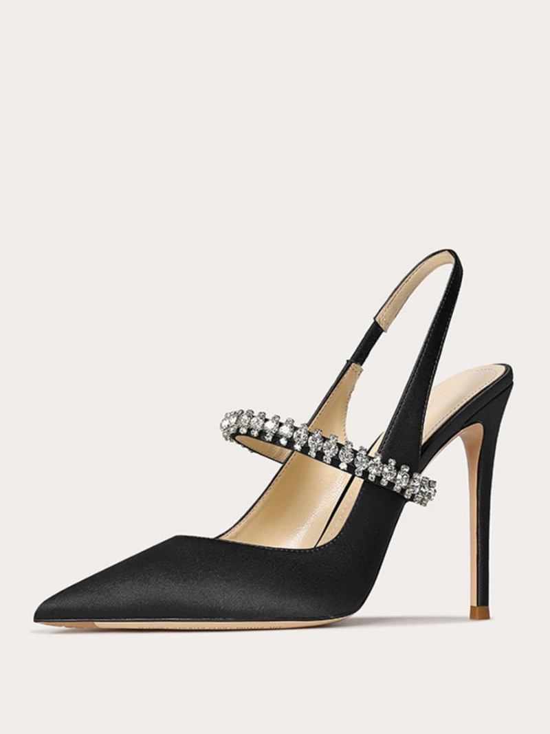 Sapatos Femininos Baile Cetim Com Strass Preto Bico Fino Salto Agulha Bombas Estilingue - Preto