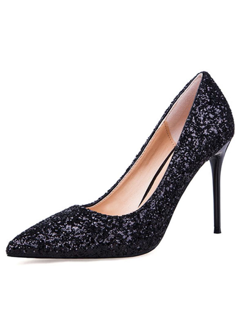 Sapatos Femininos Baile Com Glitter Bico Fino Salto Agulha Alto - Preto