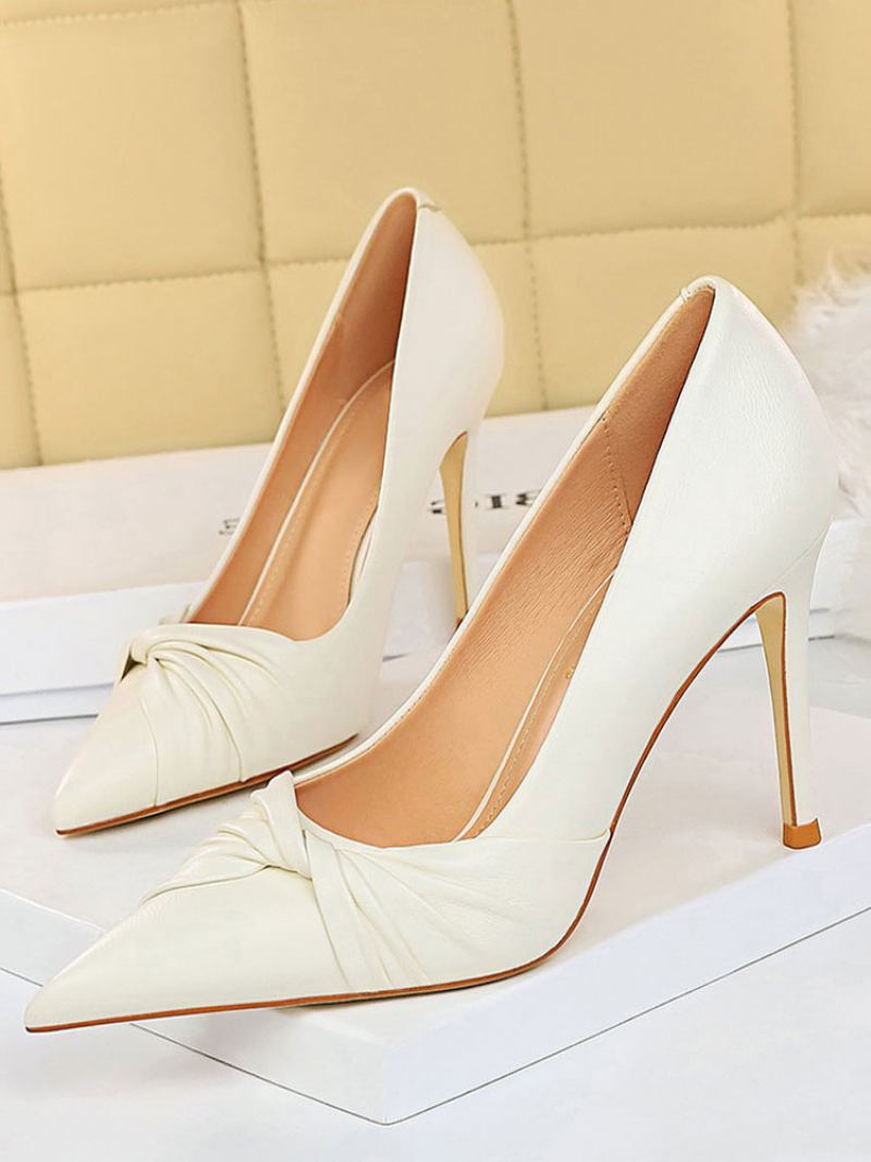 Sapatos Femininos Bico Fino Salto Agulha Chique Damasco Verão - Branco