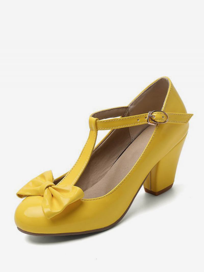 Sapatos Femininos Brancos Vintage Com Bico Redondo E Alça Em T Salto Grosso - Amarelo