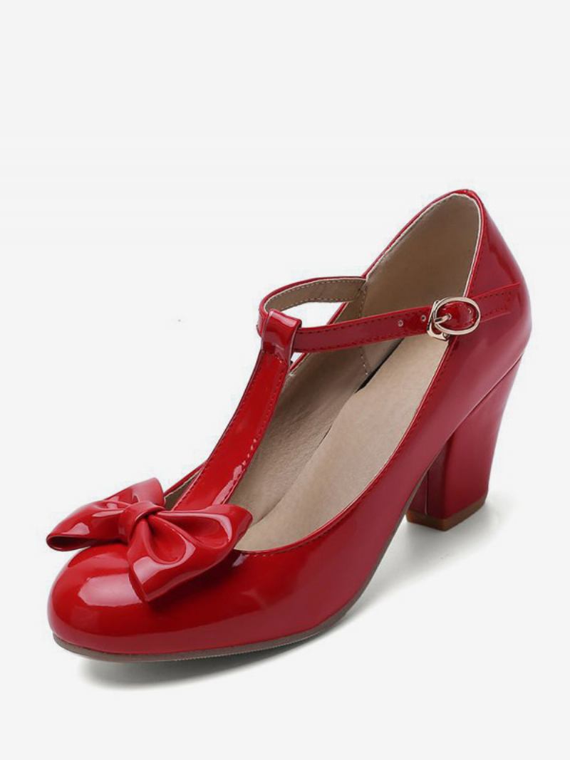 Sapatos Femininos Brancos Vintage Com Bico Redondo E Alça Em T Salto Grosso - Vermelho