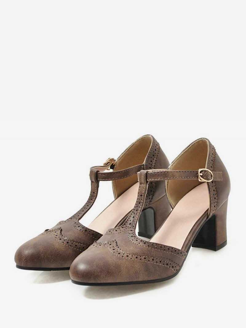 Sapatos Femininos Brancos Vintage Com Tira Chunky Heek T - Castanho Café