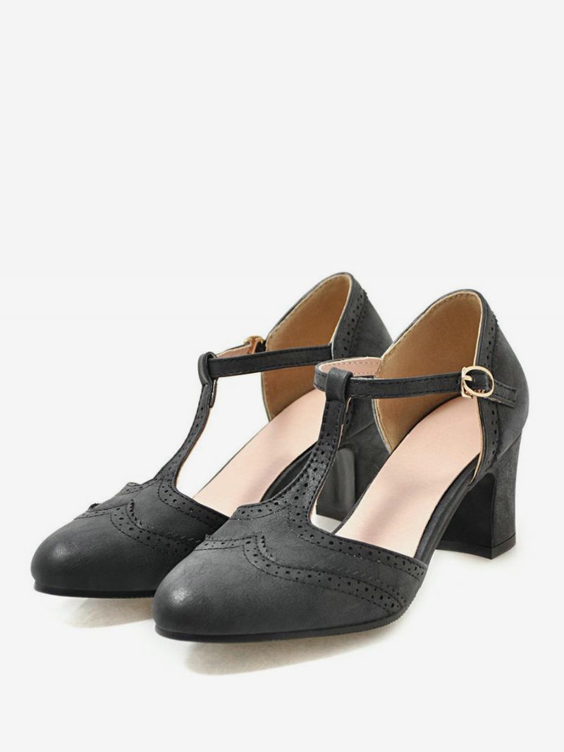 Sapatos Femininos Brancos Vintage Com Tira Chunky Heek T - Preto