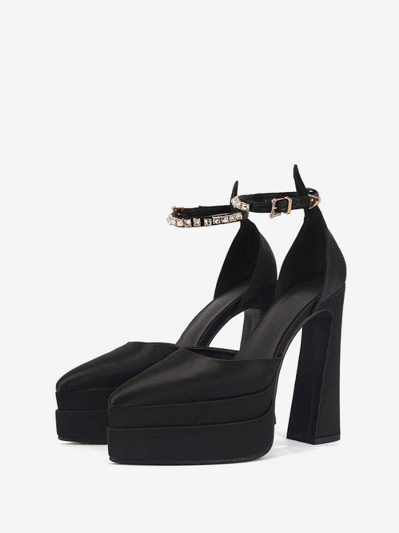 Sapatos Femininos Pretos Salto Alto Preto Para Casamento Bico Fino Plataforma Grosso Baile Cetim