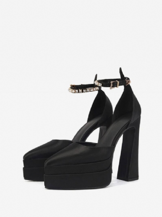 Sapatos Femininos Pretos Salto Alto Preto Para Casamento Bico Fino Plataforma Grosso Baile Cetim