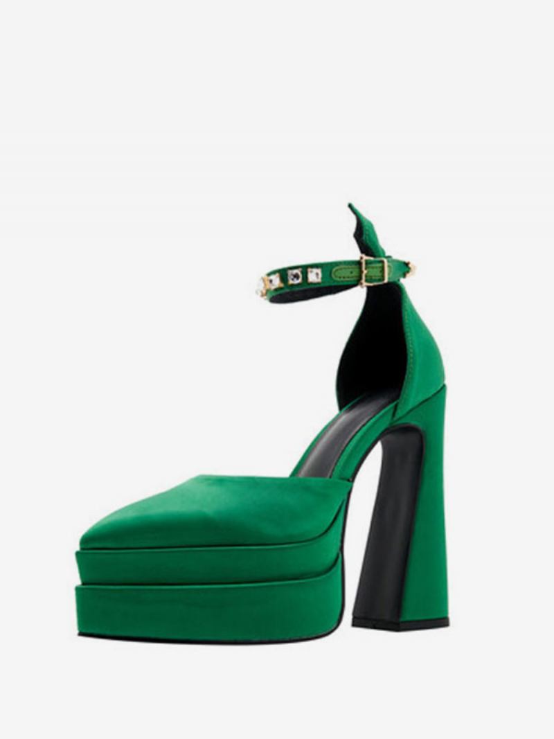 Sapatos Femininos Pretos Salto Alto Preto Para Casamento Bico Fino Plataforma Grosso Baile Cetim - Verde