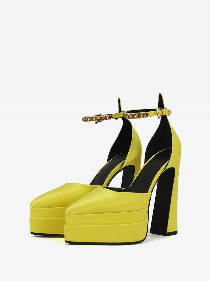 Sapatos Femininos Pretos Salto Alto Preto Para Casamento Bico Fino Plataforma Grosso Baile Cetim - Amarelo