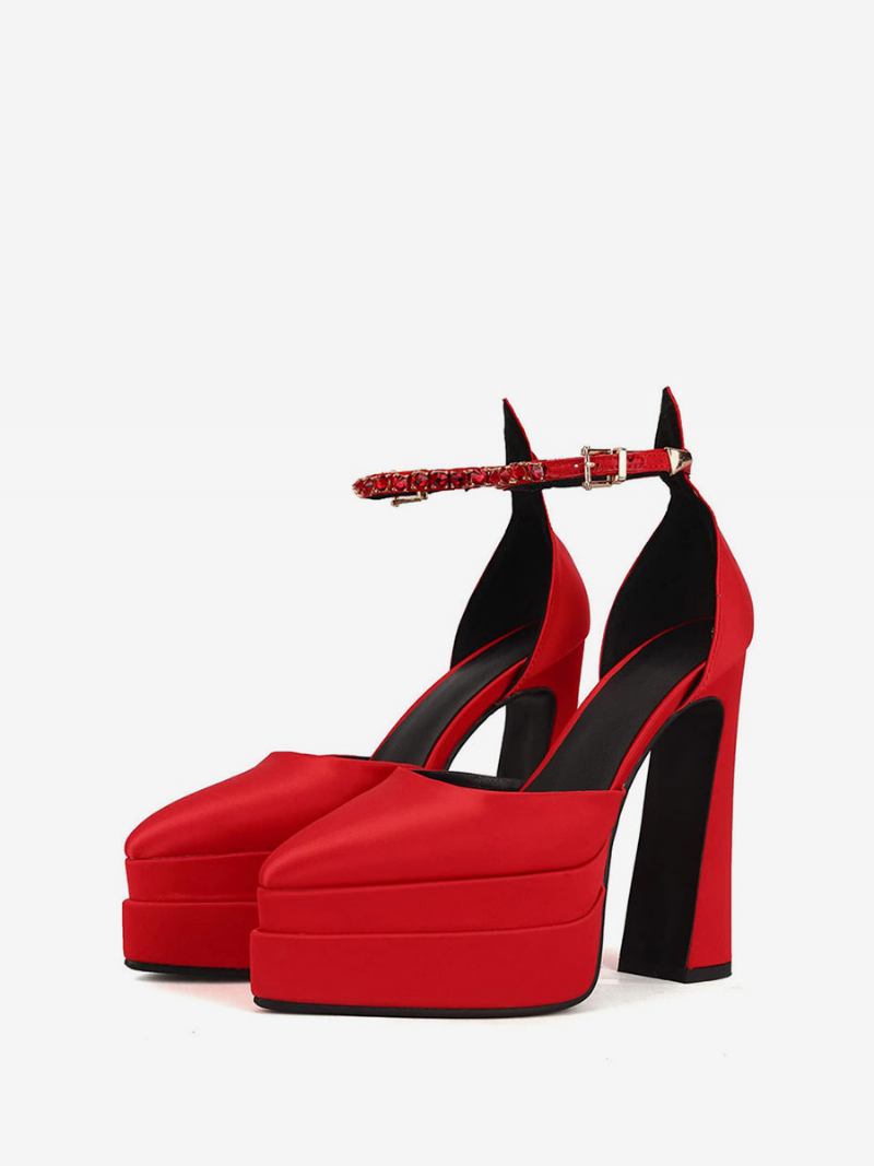 Sapatos Femininos Pretos Salto Alto Preto Para Casamento Bico Fino Plataforma Grosso Baile Cetim - Vermelho