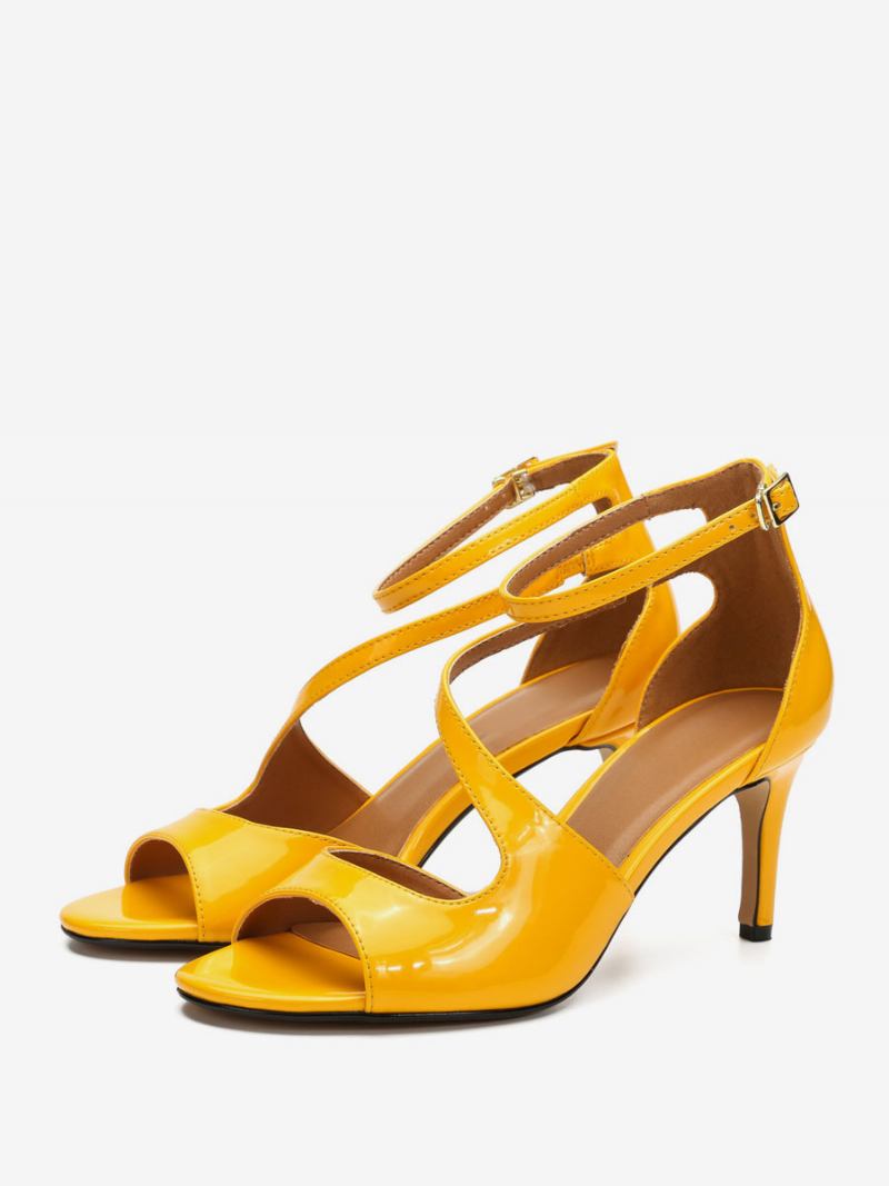 Sapatos Femininos Pretos Vintage Salto Alto Com Tiras Abertas - Amarelo