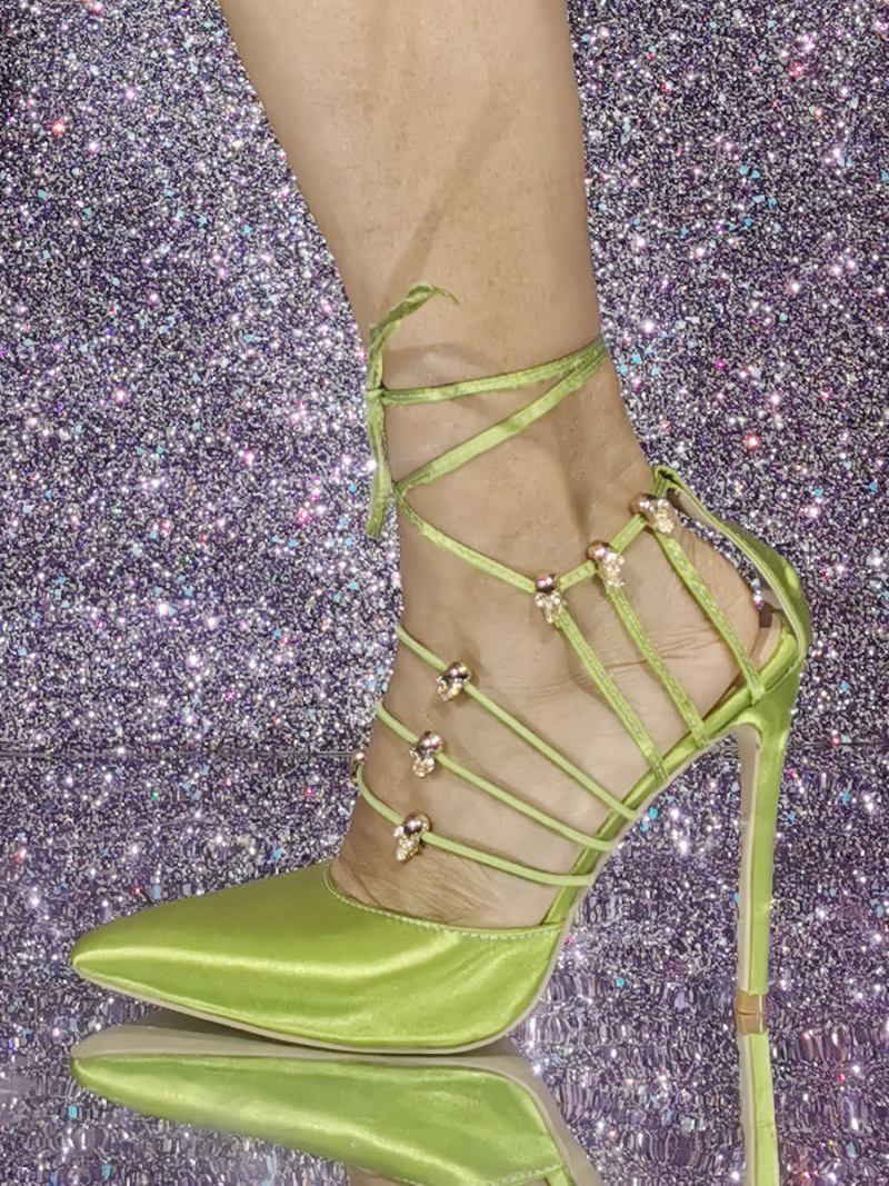 Sapatos Femininos Salto Agulha Com Bico Fino E Em Cetim - Abacate Verde