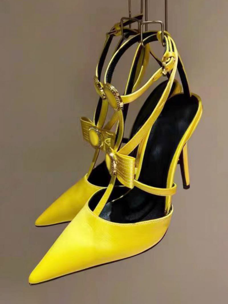 Sapatos Femininos Salto Alto Cetim Com Bico Fino E Tiras Agulha - Amarelo