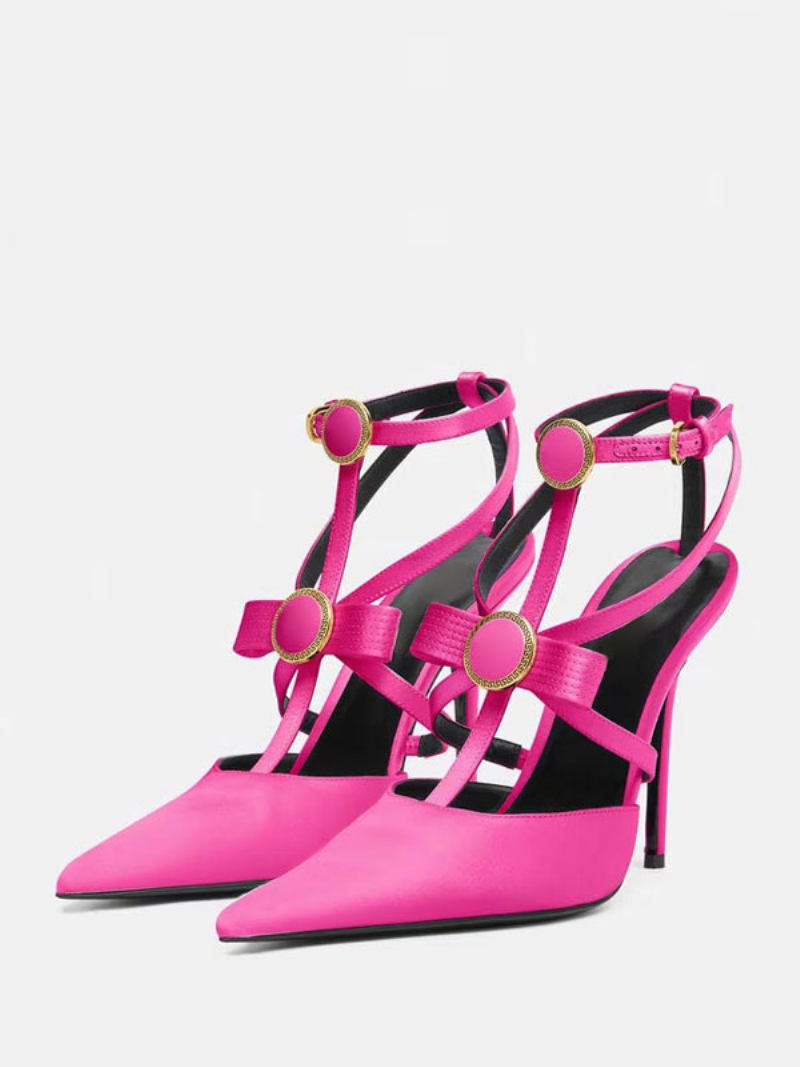 Sapatos Femininos Salto Alto Cetim Com Bico Fino E Tiras Agulha - Rosa